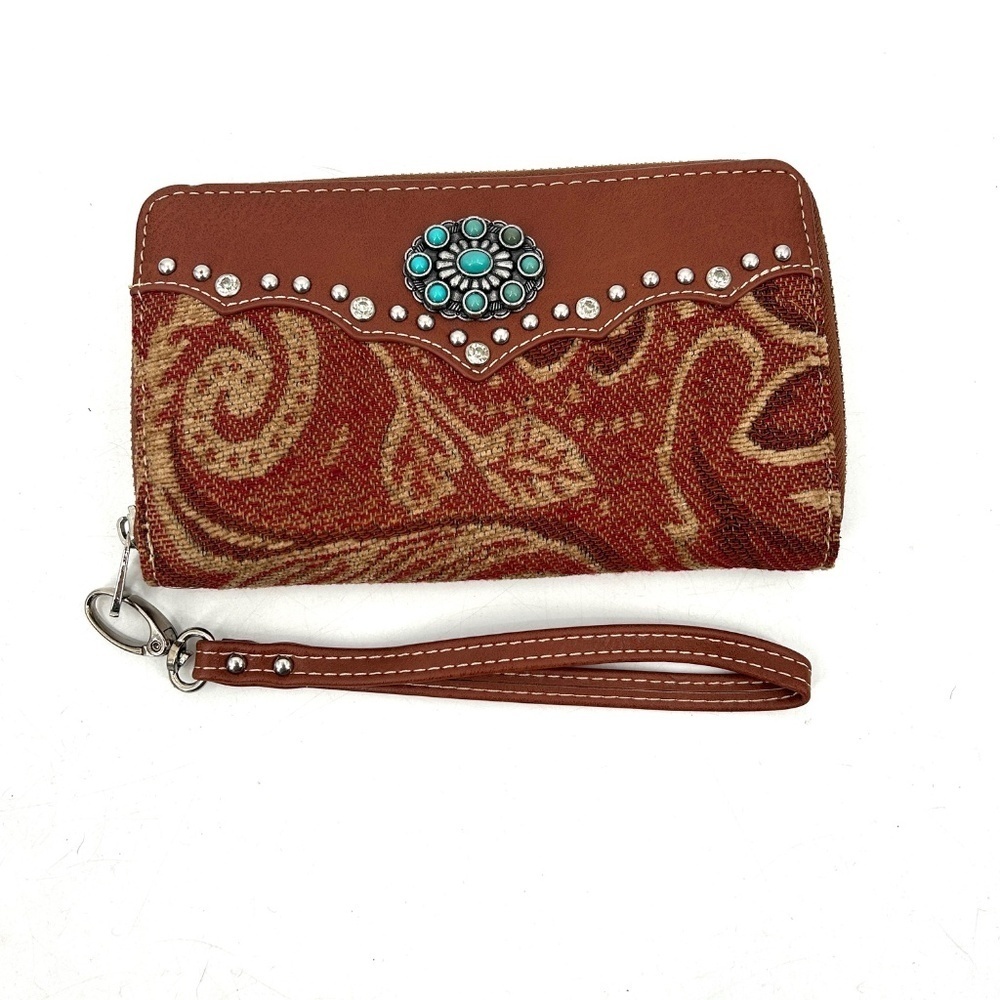 NWOT MONTANA WEST Brown Turquoise Faux Leather Boho Western Bling Wallet Clutch